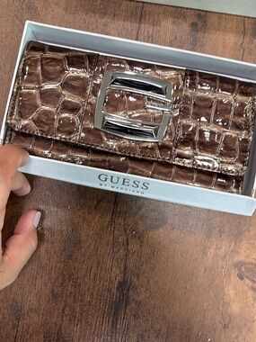 GUESS Metallic Croc-Embossed Brown Logo Clasp Wallet